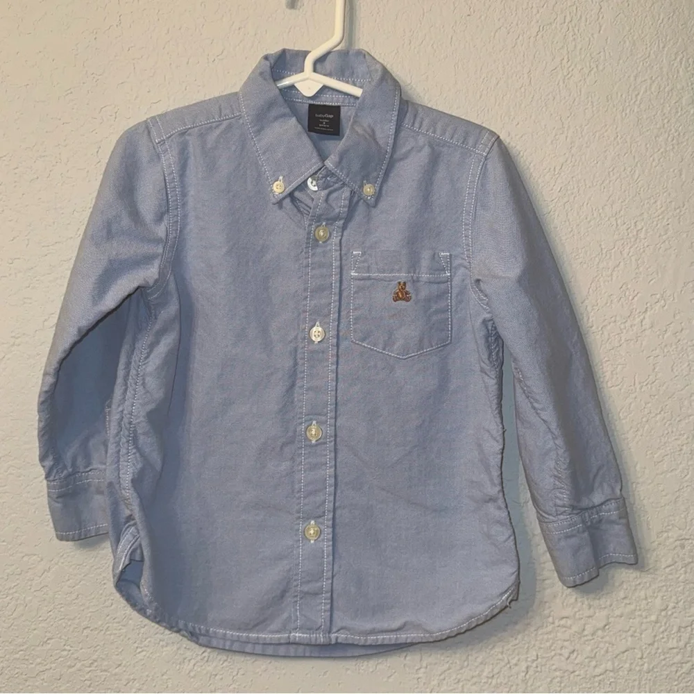 Baby Gap Light Blue Button Down Collared Shirt with Teddy Bear Logo